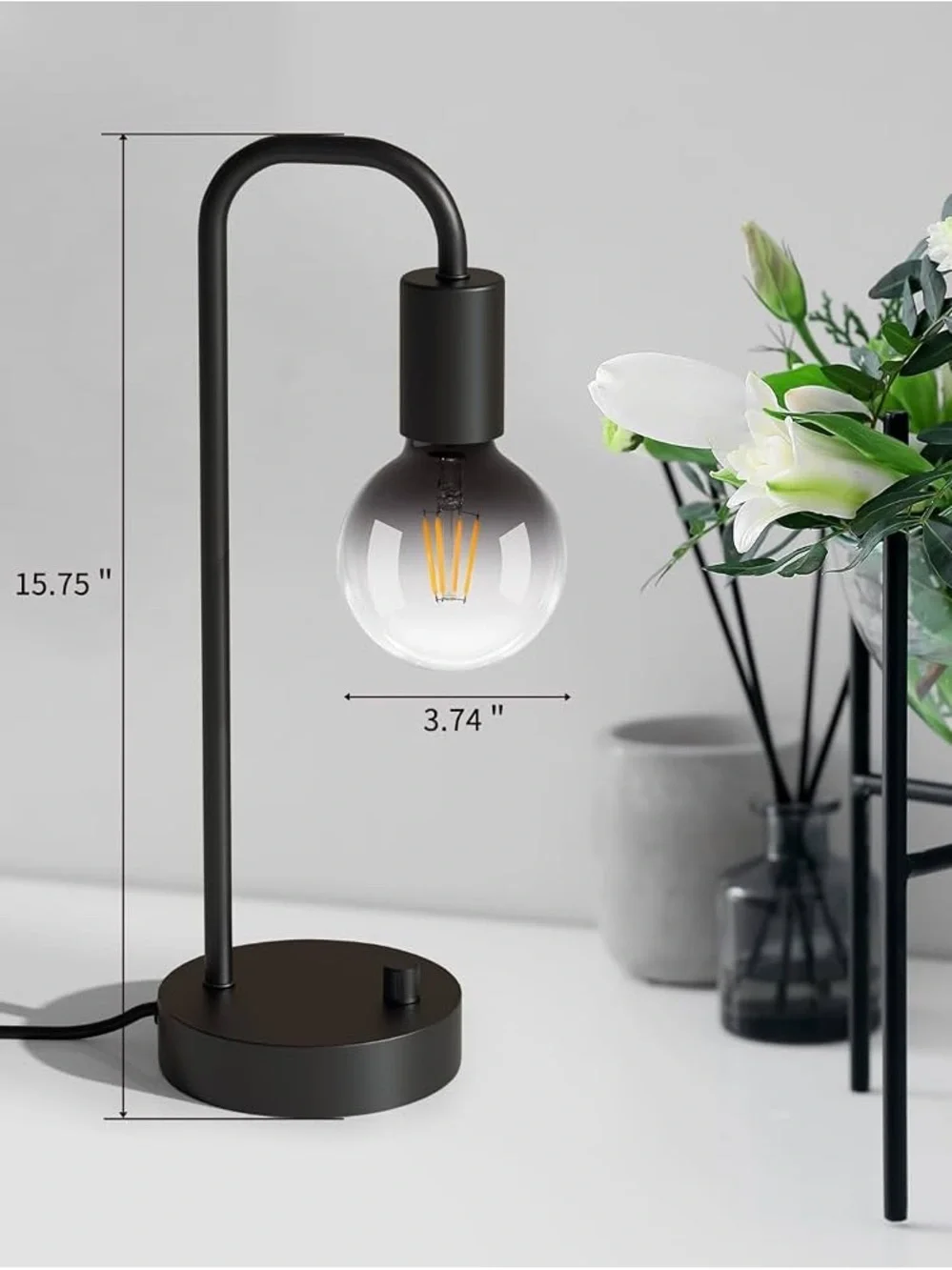 Modern Black Metal Table Lamp with Amber Glass Bulb Dimmable